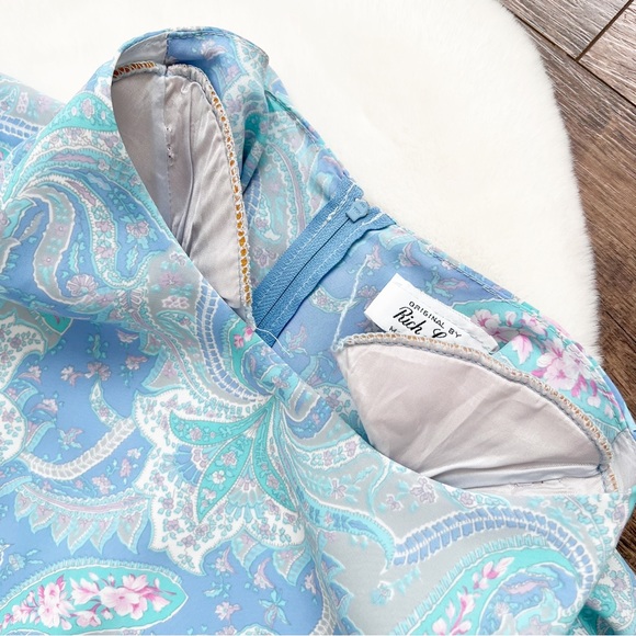 Vintage Rich Lady Peplum Pleated Midi Dress 80s Pastel Paisley Floral Pleated - Picture 7 of 17